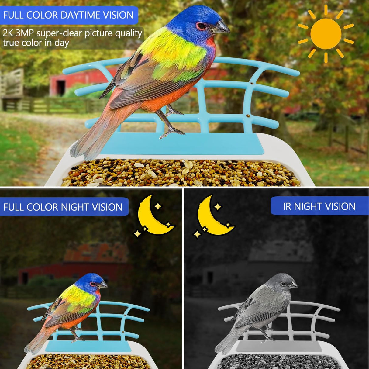 64GB Bird Feeder with Camera, 2K 3MP HD Camera Bird Feeder, AI Identify +10,000 Bird Species, Solar Powered Face Sun, Live Video & Playback on Phone & Tablet, Smart Wild Bird Watching Gifts Kadymay