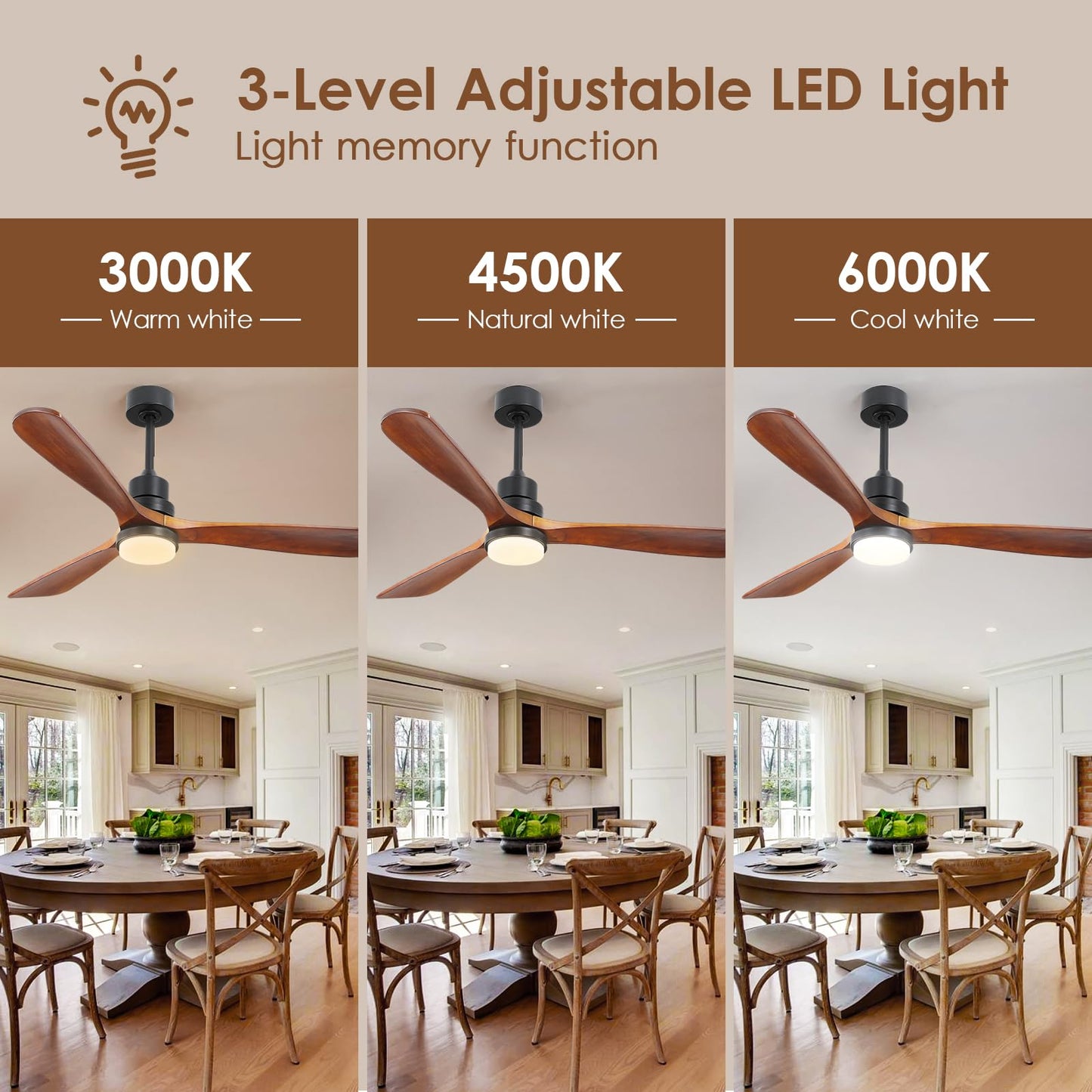 60" Wood Ceiling Fan with Lights and Remote - Outdoor Ceiling Fan for Covered Patios with 3 Walnut Wood Blades, Modern Farmhouse Ceiling Fan Light Fixture for Indoor/Outdoor