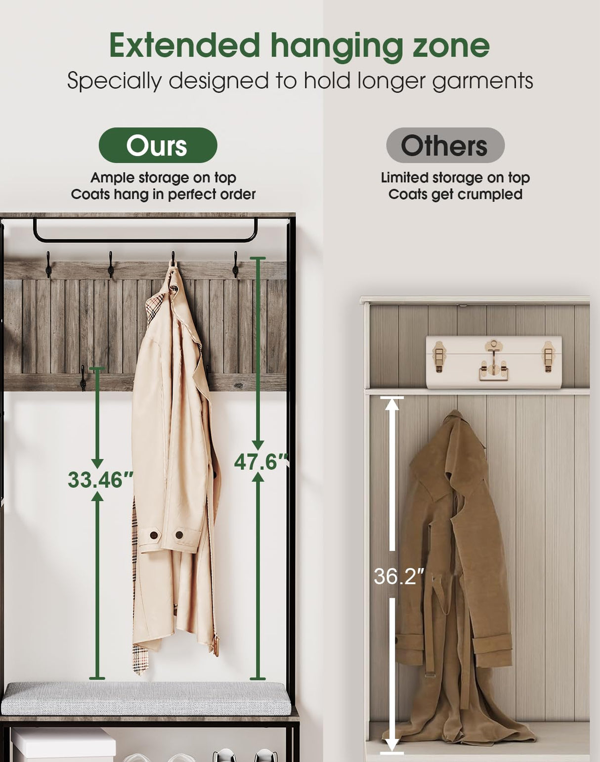 HOVANESTY Hall Tree with Bench and Shoe Storage, Coat Rack with Shoe Storage for Entryway, Mudroom Storage Cabinets with 11 Hooks, Drawers and Shelves, 7-in-1, Farmhouse, Industrial Style, Ash Gray HOVANESTY