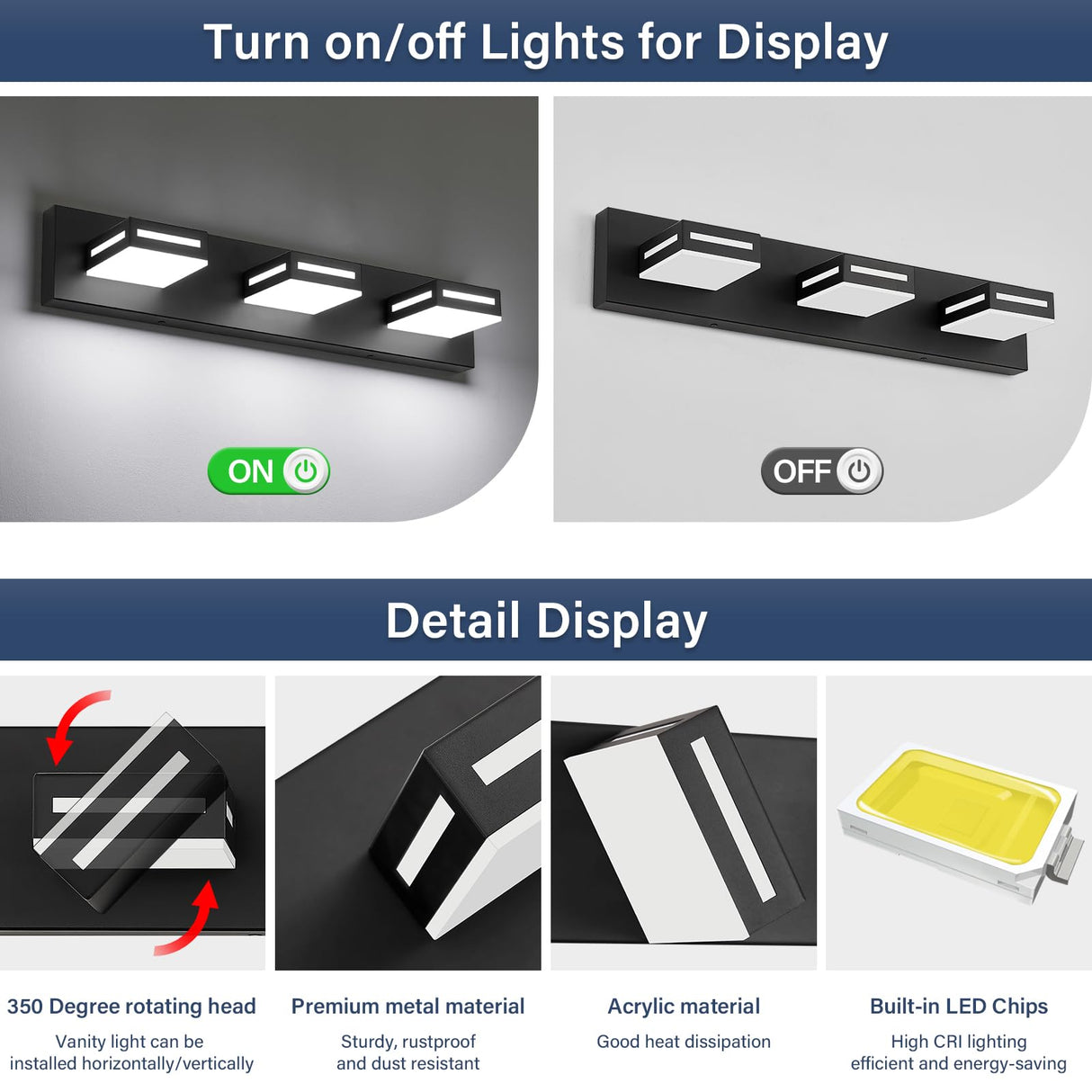 Donrao LED Modern Bathroom Vanity Light Fixtures (3-Light, 24-Inch), Acrylic Matte Black Bathroom Wall Lighting Fixtures Over Mirror (Cool White 6000K) with Rotatable Vanity Lights Heads Donrao