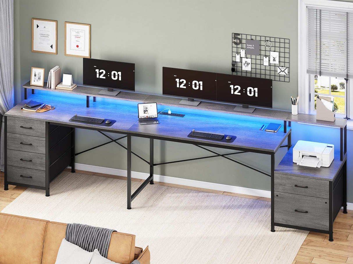 SEDETA L Shaped Desk with 6 Drawer, 108" Home Office Desk with File Drawer & Power Outlet, Corner Computer Desk with Monitor Shelf, Two Person Desk, Gaming Desk with Led Lights, Grey SEDETA