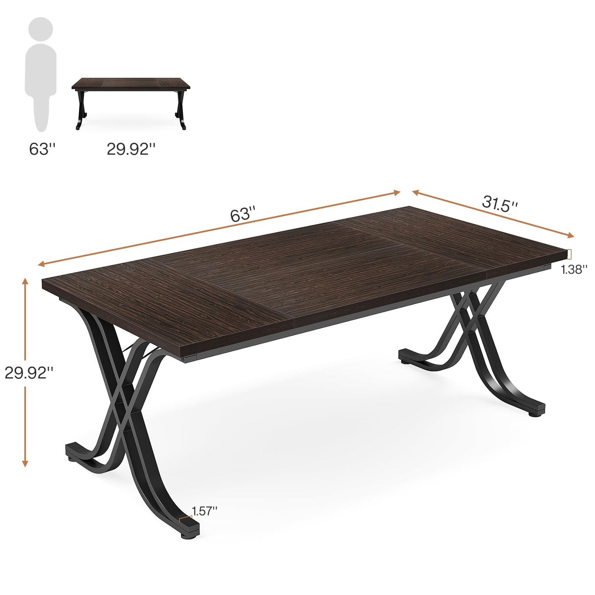 Tribesigns 63 Inch Executive Desk, Large Office Computer Desk with Thick Wooden Tabletop and Metal Frame, Modern Simple Workstation Writing Table Study Desk for Home Office, Walnut Brown Tribesigns