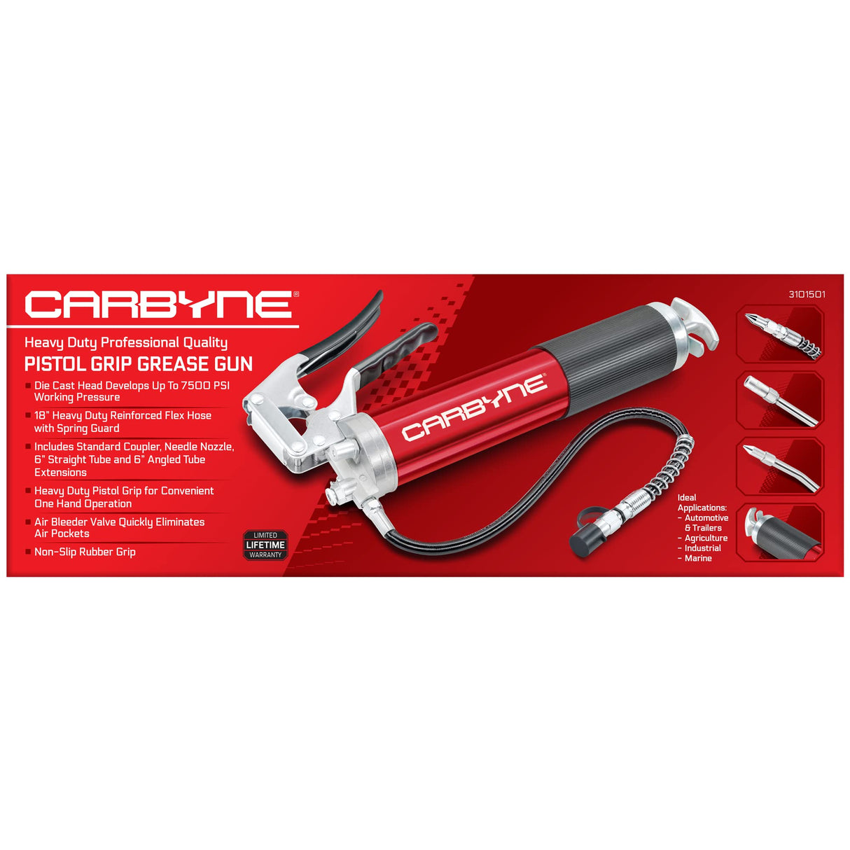 Carbyne Grease Gun - Pistol Grip, 7500 PSI, Heavy Duty Professional Quality, Anodized Aluminum Barrel. 18" HD Flex Hose w/Spring, 6" Straight & 6" Angled Tube, Coupler & Needle Noze, 3-Way Loading Carbyne