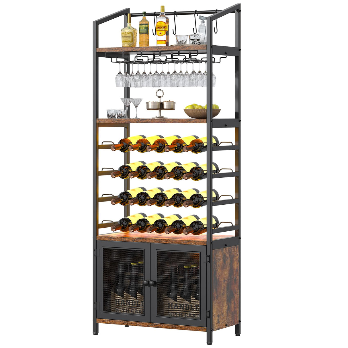 Bigbiglife Wine Rack Freestanding Floor with LED Lights, 4-Tier Industrial Wine Rack, Bar Cabinet for Liquor and Glasses, Wine Storage Cabinet for Living Room, Home Bar Bigbiglife