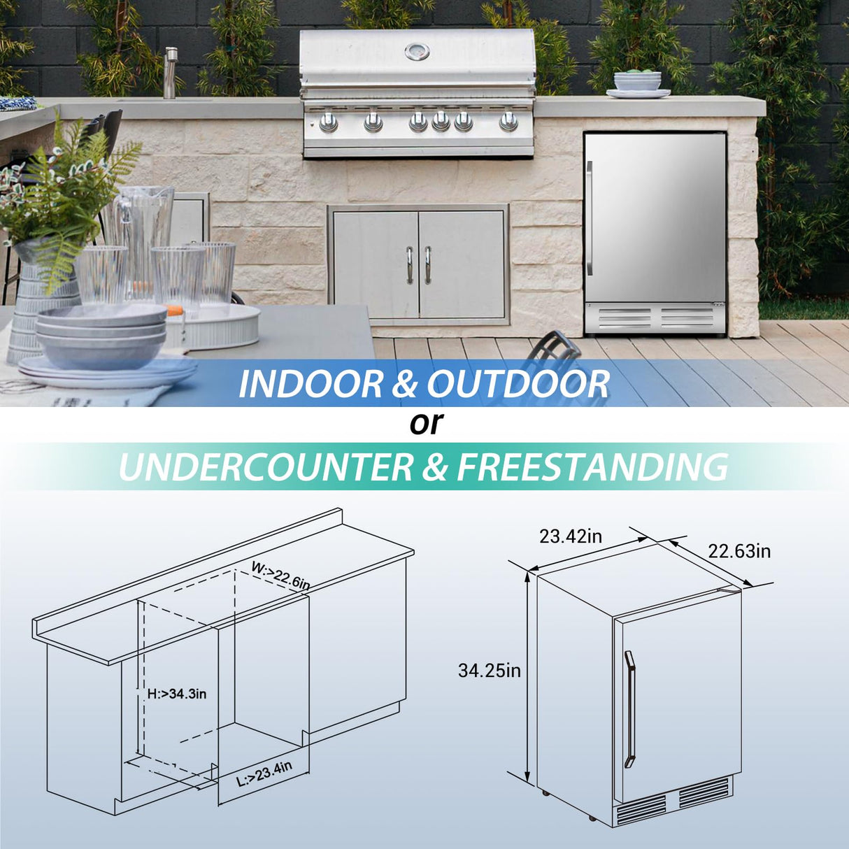 Velivi 24 Inch Beverage Refrigerator Outdoor, Under Counter Beverage Cooler for Patio, Built-in Drink Fridge 210 Cans, with Stainless Steel Door for Soda, Beer, Wine Velivi