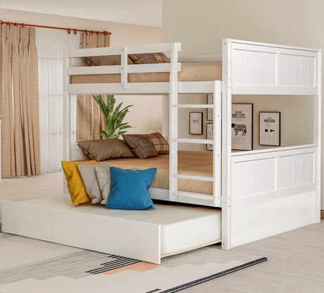 Merax Full Over Full Bunk Bed with Trundle,Wooden Trundle Bed Frame with Ladder Safety Guardrail,Convertible to 2 Platform Beds for Kids Teens,White Merax