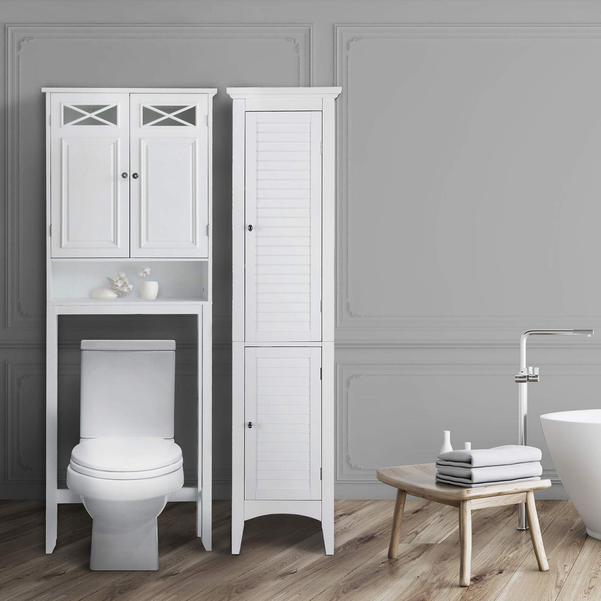 Teamson Home Dawson Wooden 2-Door Bathroom Etagere Over The Toilet Space Saver Cabinet with Interior Adjustable Shelf and Open Shelf, White with Chrome Knobs Teamson Home