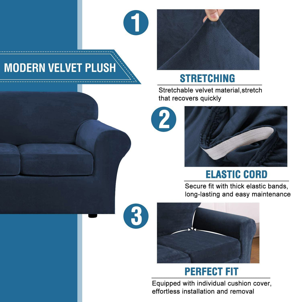 H.VERSAILTEX Real Velvet Plush 3 Piece Stretch Sofa Covers Couch Covers for 2 Cushion Couch Loveseat Covers Width Up to 72 Inch Feature Thick Soft Stay in Place (Medium Sofa, Navy) H.VERSAILTEX