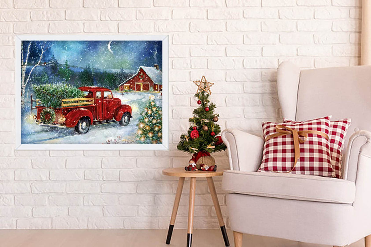 RUIHA Christmas Diamond Painting Kits,Winter Diamond Art Kit for Adults,Red Truck 5D Paint with Diamond Full Drill for Parents-Children Interrction,Wall Decor(12x16) (Snowy Night) RUIHA