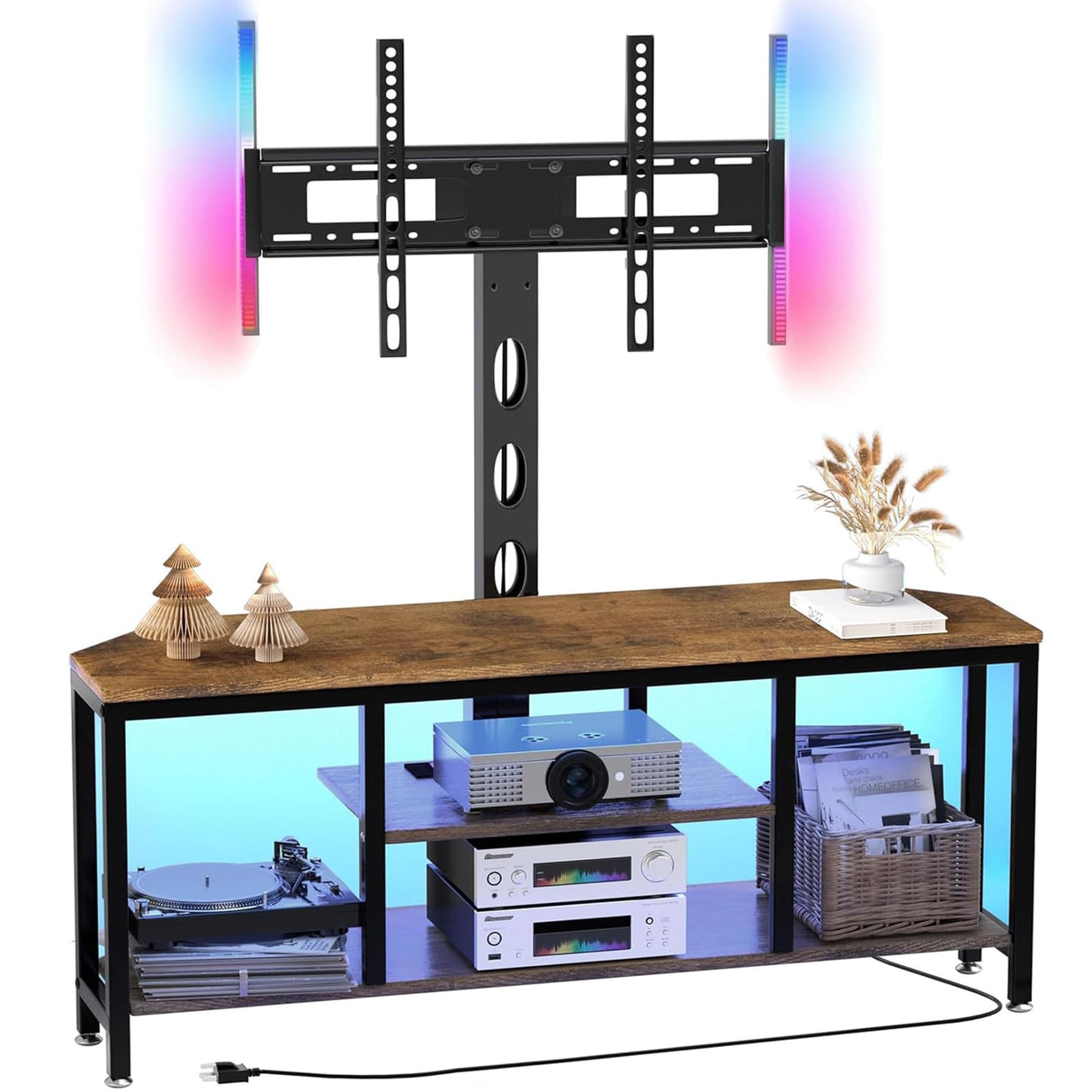 BACEKOLL TV Stand with Mount and LED Light, Corner TV Stand with Storage and Power Outlet, Swivel Television Stand Console for TV Up to 60", Entertainment Center for Living Room, Bedroom, Rustic Brown BACEKOLL