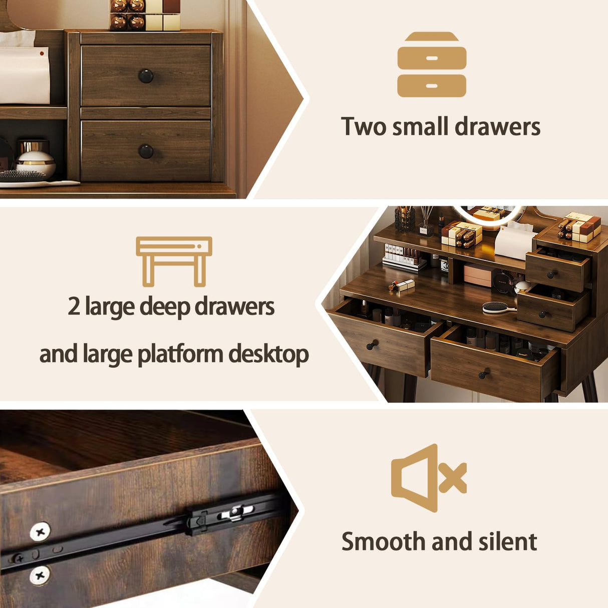 EOQIFJM Small Vanity Desk Set with Mirror and Lights, Makup Table with Chargin & 4 Storage Drawers，Station for Compact Space Bedroom (Brown) EOQIFJM