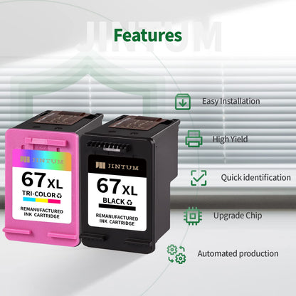 JINTUM Remanufactured Ink Cartridges Replacement for HP Ink 67 67XL for 2755e 2700 2752e 2752 2742e 4155e 4100 4158e 4152e 4500 6055e 6055 6000 6455e 6458e Printer (1 Black, 1 Tri-Color)