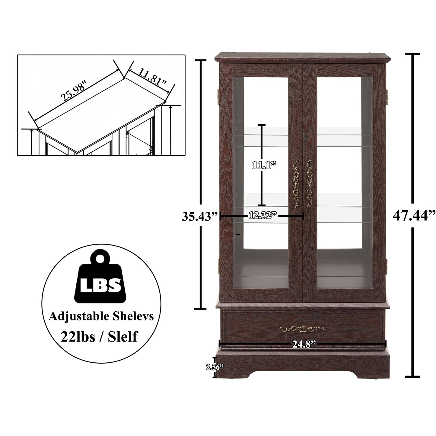 nifoti 47" H Lighted Curio Cabinet Display Case, Glass Cabinet with Adjustable Shelves,Tempered Glass Door and Drawer, Wooden Curio Cabinet with Mirrored Back Pane for Living Room (Dark Cherry)