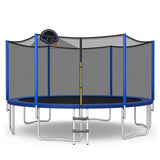 GYMAX Trampoline for Kids, ASTM Approved 12FT 14FT 15FT 16FT Recreational Toddler Trampoline with Enclosure Net, Basketball Hoop, Basketball & Pump, Rebounder Trampoline for Adults (12FT) Black+Blue GYMAX