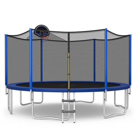 GYMAX Trampoline for Kids, ASTM Approved 12FT 14FT 15FT 16FT Recreational Toddler Trampoline with Enclosure Net, Basketball Hoop, Basketball & Pump, Rebounder Trampoline for Adults (12FT) Black+Blue GYMAX