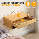 GugiNest Bamboo Floating Nightstand with Storage Drawer, Fully Assembled Wall Mounted Bedside Table with Open Shelf, Modern End Table for Bedroom, Natural GugiNest