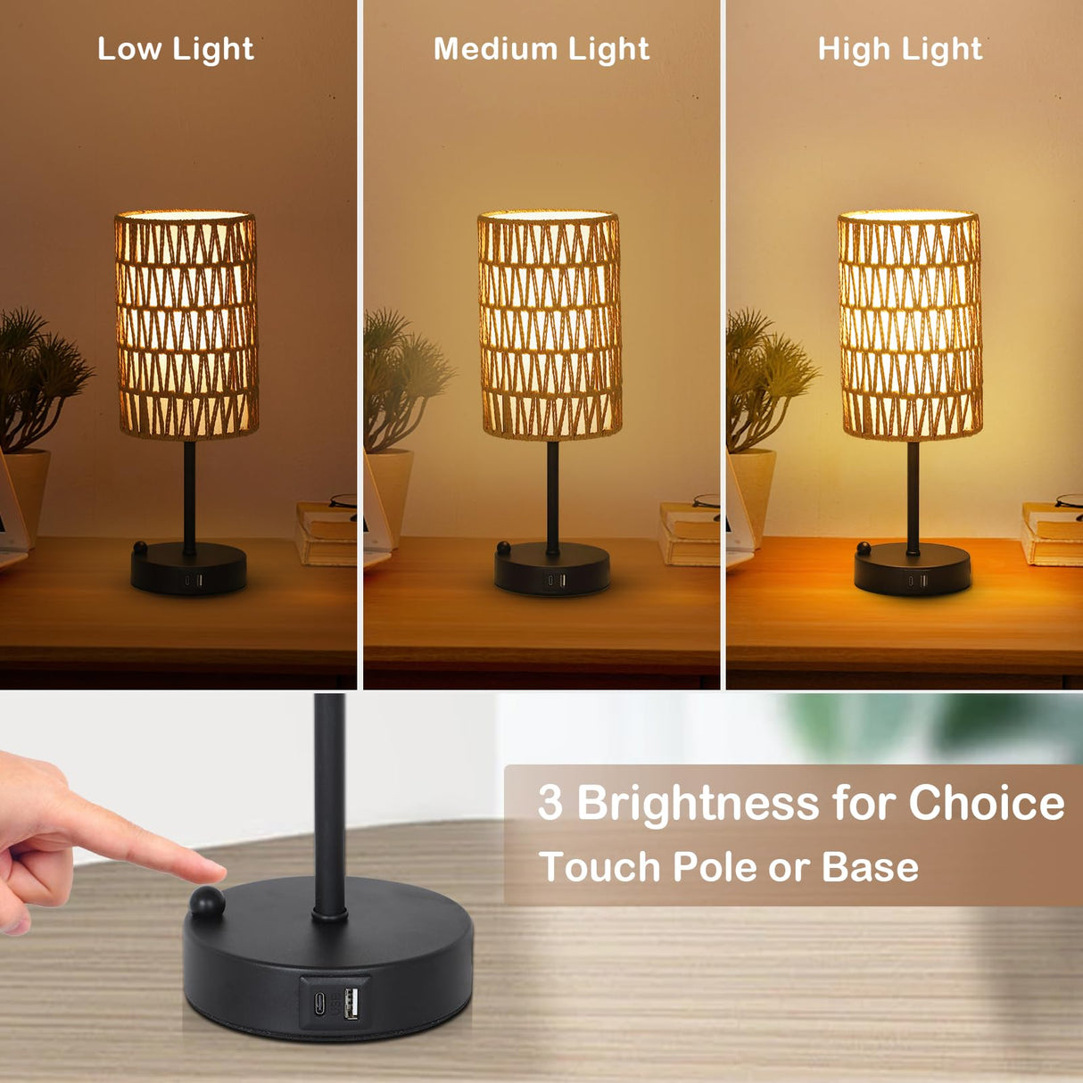 Touch Table Lamp For Bedroom with Bulb, Boho Small Desk Lamp For Living Room With Rattan & Linen Shade, 3 Way Dimmable Bedside Table Lamp For Nightstand With USB Charging Port & Phone Stand For Office Eayaya