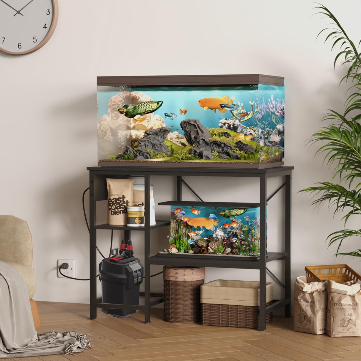 BEURUKU 40-50 Gallon Fish Tank Stand with Power Outlet & LED Light, Metal Aquarium Stand with 3 Tier Adjustable Storage Shelves, Tank Stand for Reptile Tank, Turtle Tank, 36" L*18.5" W, Black BEURUKU