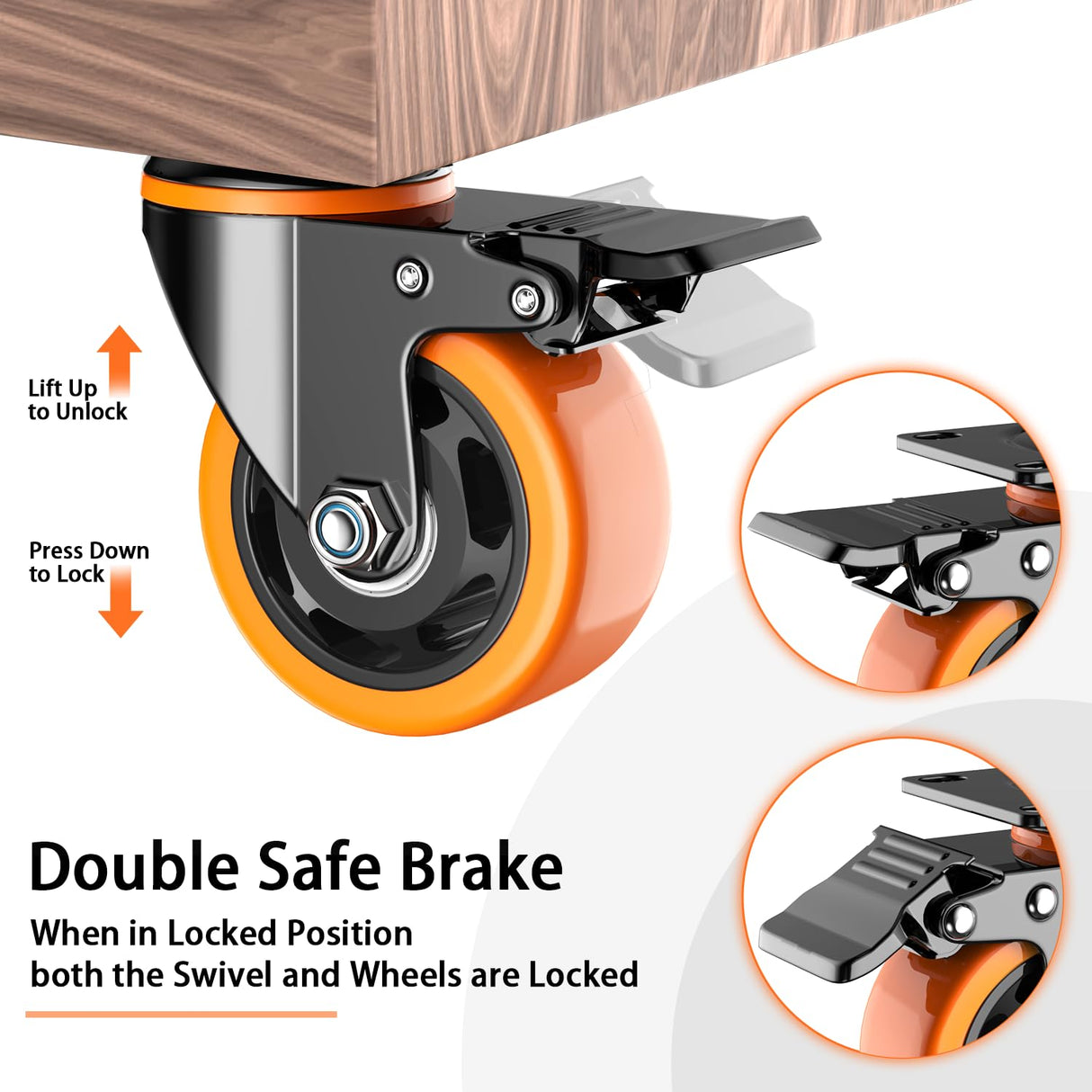 3 inch Casters Wheels, Heavy Duty Casters Set of 4, No Noise Industrial Casters Load 1600lbs with Brake, Swivel Industrial Plate Casters, Wheels for Cart Furniture(2 Hardware Kits & Gloves) LUTUMEI