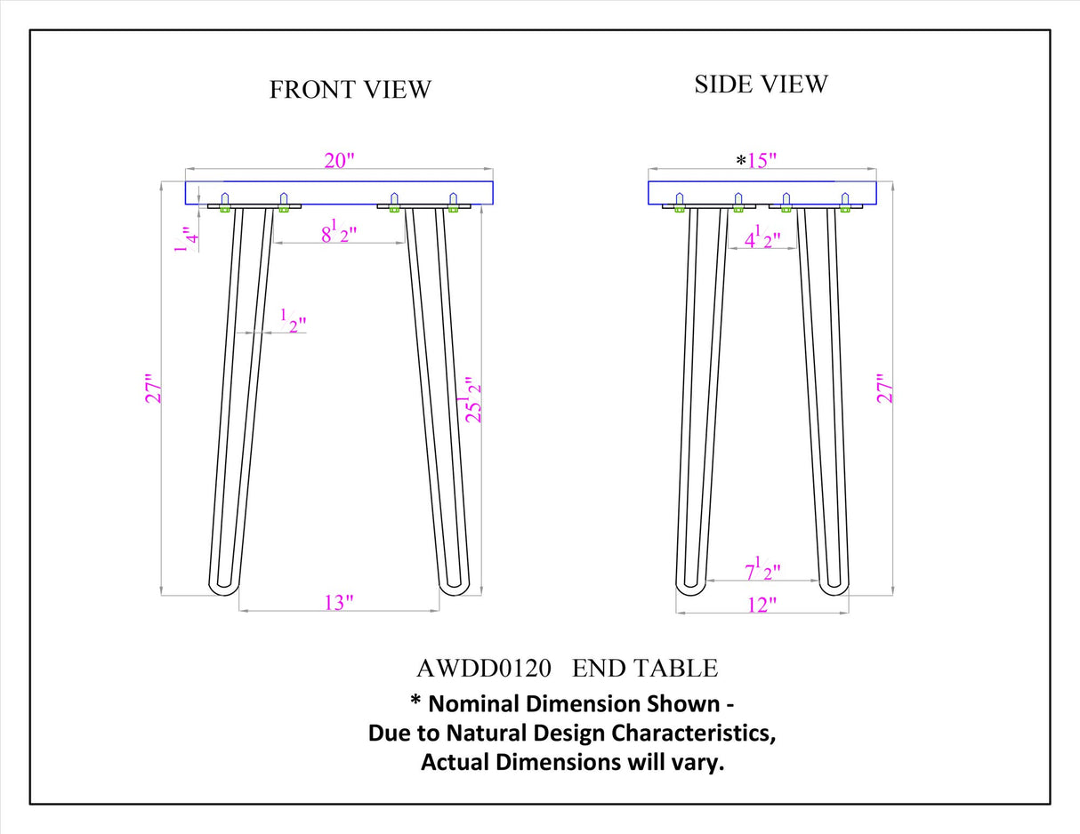 Alaterre Furniture Hairpin Natural End Table, Live Edge 15 in x 20 in x 27 in Alaterre Furniture