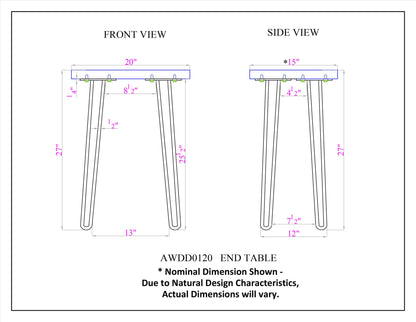 Alaterre Furniture Hairpin Natural End Table, Live Edge 15 in x 20 in x 27 in - WoodArtSupply
