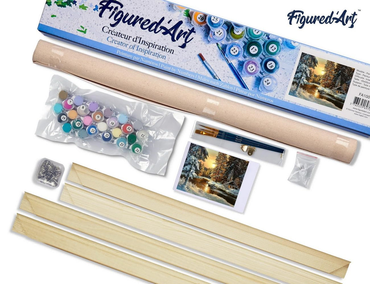 Figured'Art Paint by Numbers Kit for Adults Sunset Forest 16"x20" - Craft Art Painting Rolled Canvas with DIY Wooden Frame Figured'Art