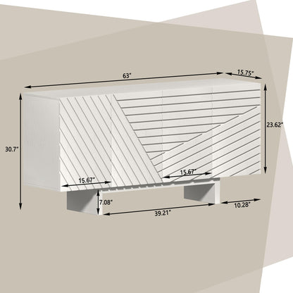 Clihome 63'' Sideboard Buffet Cabinet, 4 Door Console Cabinet with Storage TV Stand Credenza Accent Cabinet Wooden Cabinet with Adjustable Shelf for Bedroom, Living Room, Dining Room, Cream Line