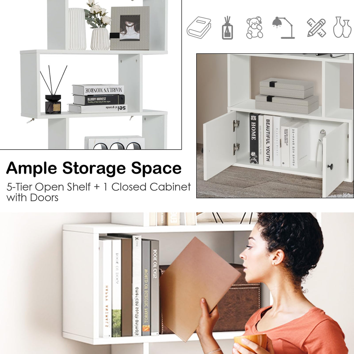 SILKYDRY 6-Tier Geometric Bookcase with Cabinet, 72 Inch Freestanding Room Divider Bookshelf, S-Shaped Open Display Book Shelf for Bedroom, Modern Bookcases with Doors and Shelves (2, White) SILKYDRY