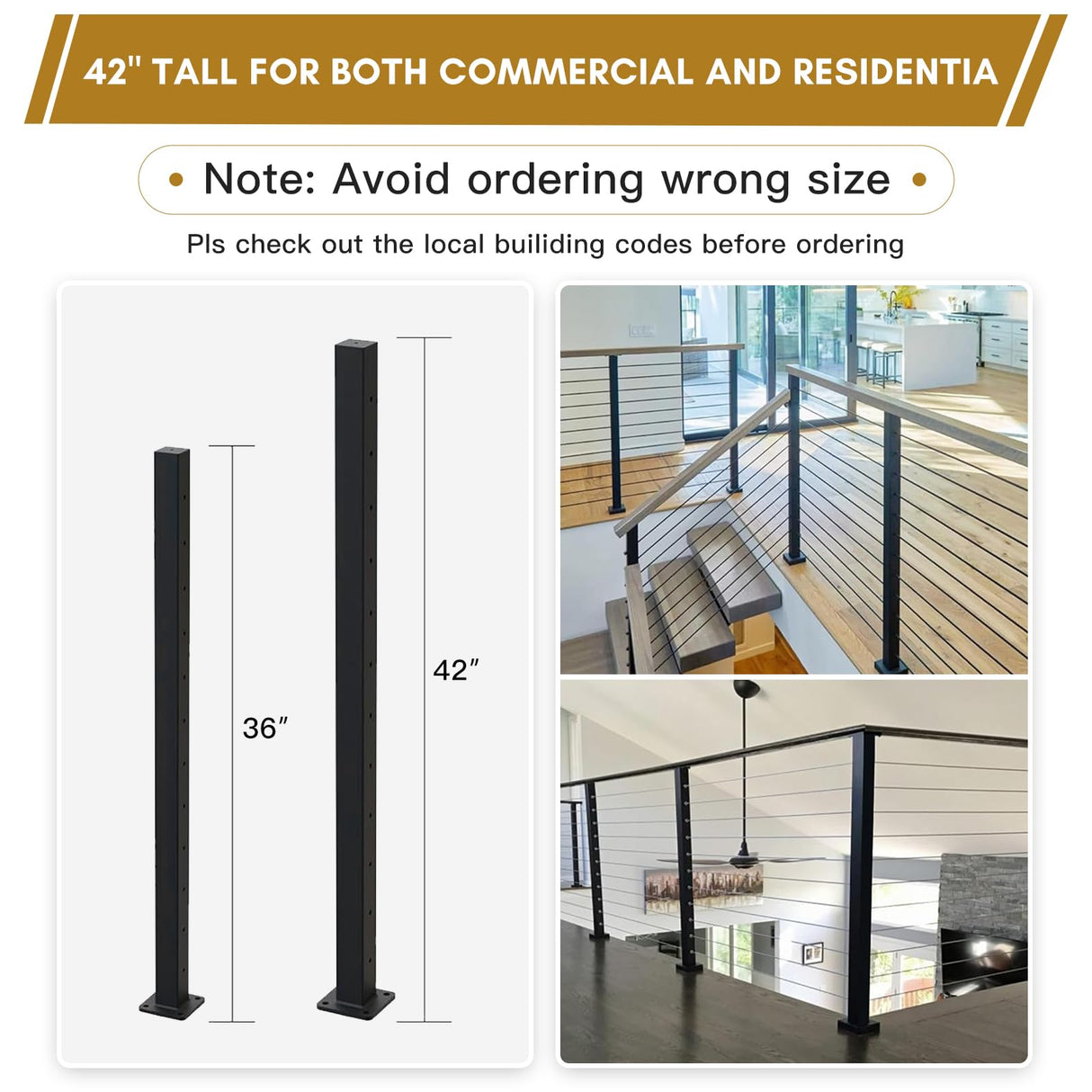 Rayzi 42" 2Pack Cable Railing Post, Stainless Steel Level Line Handrail Post with 100ft 1/8" Stainless Steel Cable and Wire Pliers DIY Kit (No Handrail), Black Rayzi