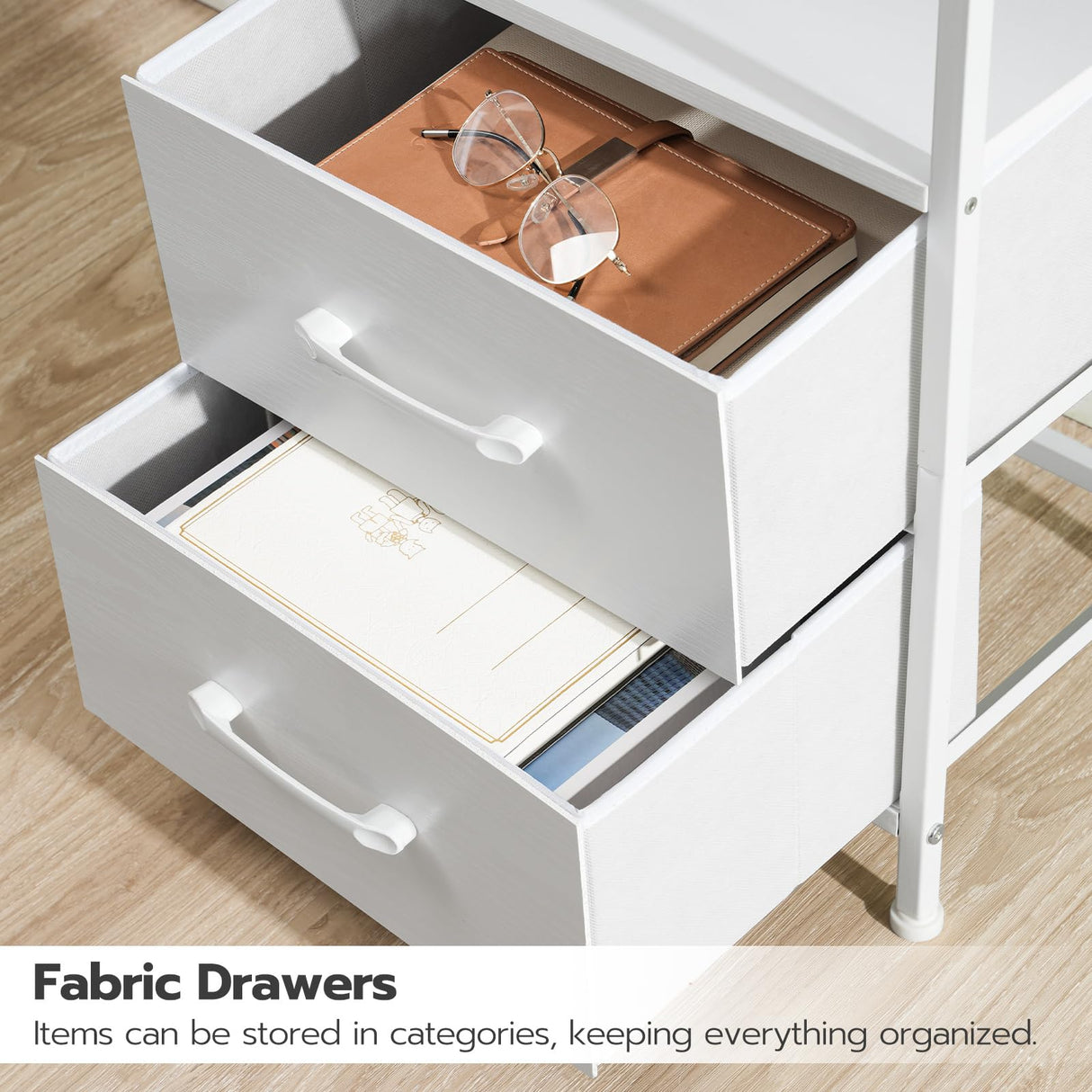 HOOBRO Nightstand with Charging Station, Bedside Table with LED Lights and 2 Fabric Drawers, End Table with 2 AC Outlets and USB Port, Small Night Stand for Bedroom, White WT118UDBZ01 HOOBRO