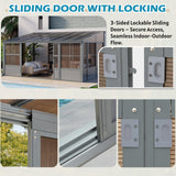 EROMMY 10' x 16' Sunroom, Wall Mounted Gazebo Solarium with Aluminum Frame, Polycarbonate Roof, Permanent Sun Room with Sliding Doors, Lockable PC Screen Walls, Lean to Gazebo for Garden, Patio, Grey EROMMY