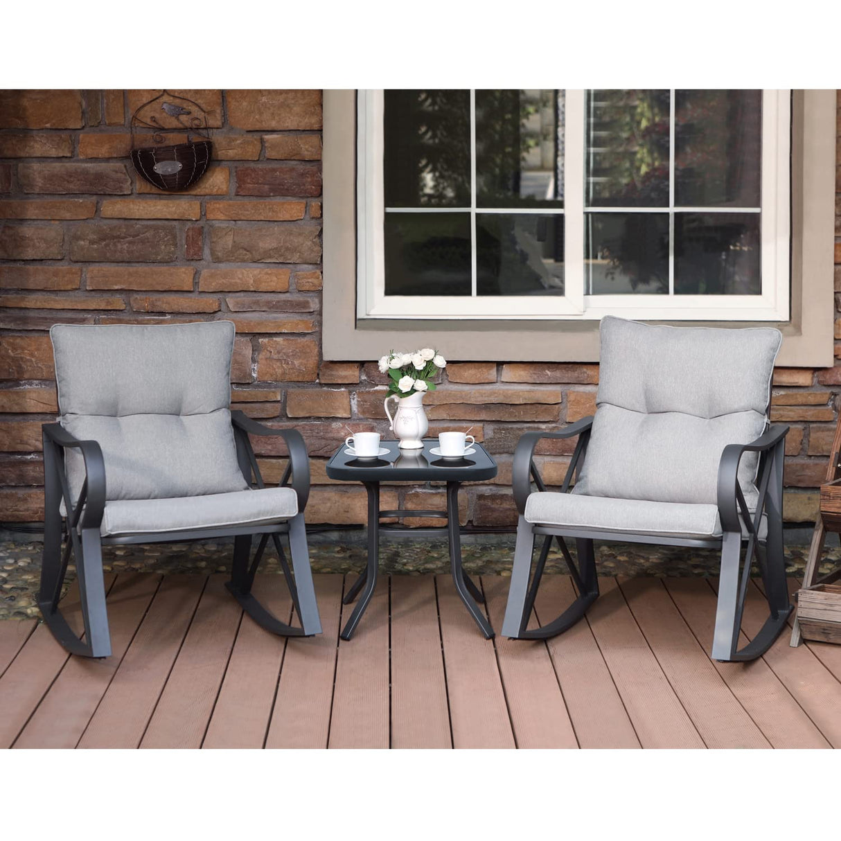 COSIEST 3 Piece Bistro Set Patio Rocking Chairs Outdoor Furniture w Warm Gray Cushions, Glass-Top Table for Garden, Pool, Backyard COSIEST