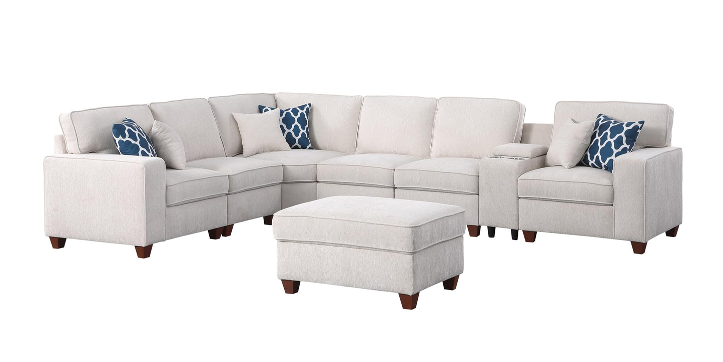 YOPTO 127" L-Shaped Sectional Couch with Movable Ottoman & 6 Throw Pillows,7 Seat Chenille Upholstered Sofa W/2 Cup Holder,USB Port & Hidden Storage Box,DIY Combination,for Living Room,Apartment,Beige