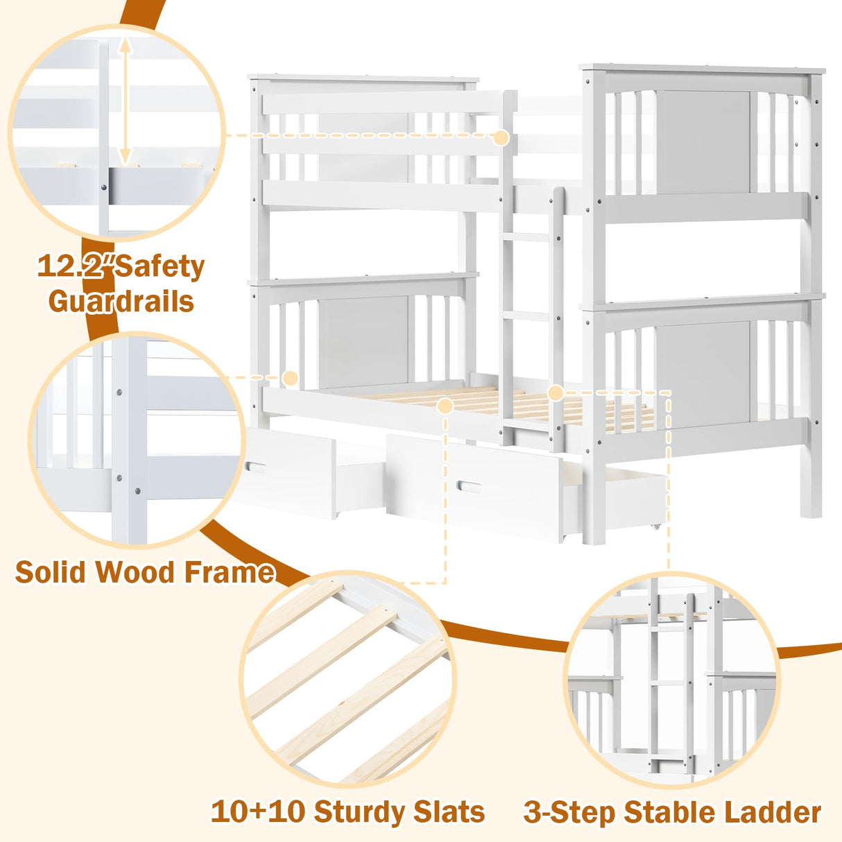FUQARHY Bunk Bed Twin Over Twin with Storage Drawers, White Convertible Wooden Twin Bunk Beds with Sturdy Stairs and Safety Guardrail, No Box Spring Needed (White) FUQARHY