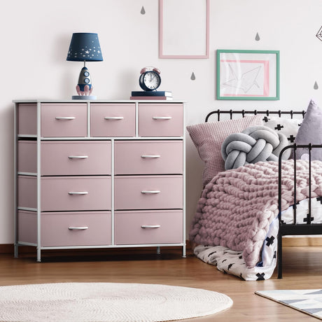 Sorbus Dresser with 9 Drawers - Furniture Storage Chest Tower Unit for Bedroom, Hallway, Closet, Office Organization - Steel Frame, Wood Top, Fabric Bins (Solid Pink, Solid) Sorbus