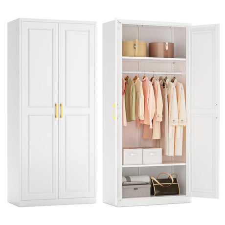 Polup Metal Armoire Wardrobe Closet with Doors and Shelves, 71" Tall Freestanding Wardrobe Cabinet for Hanging Clothes, Large Closet with Hanging Rod for Bedroom, White, Assemble Required Polup