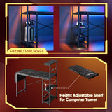 Bestier Gaming Desk with LED Lights, 51.3 Inch Computer Desk with 4 Tiers Reversible Shelves, Gamer Desk with Side Storage Bag, Hooks and Height Adjustable Shelf (Black Marble) Bestier