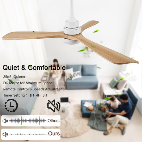 48" wooden ceiling fan with lighted remote control, indoor outdoor wooden ceiling fan, outdoor modern ceiling fan with 3 fan blades for patio, living room, farmhouse, etc (white + wood color)… dearnow
