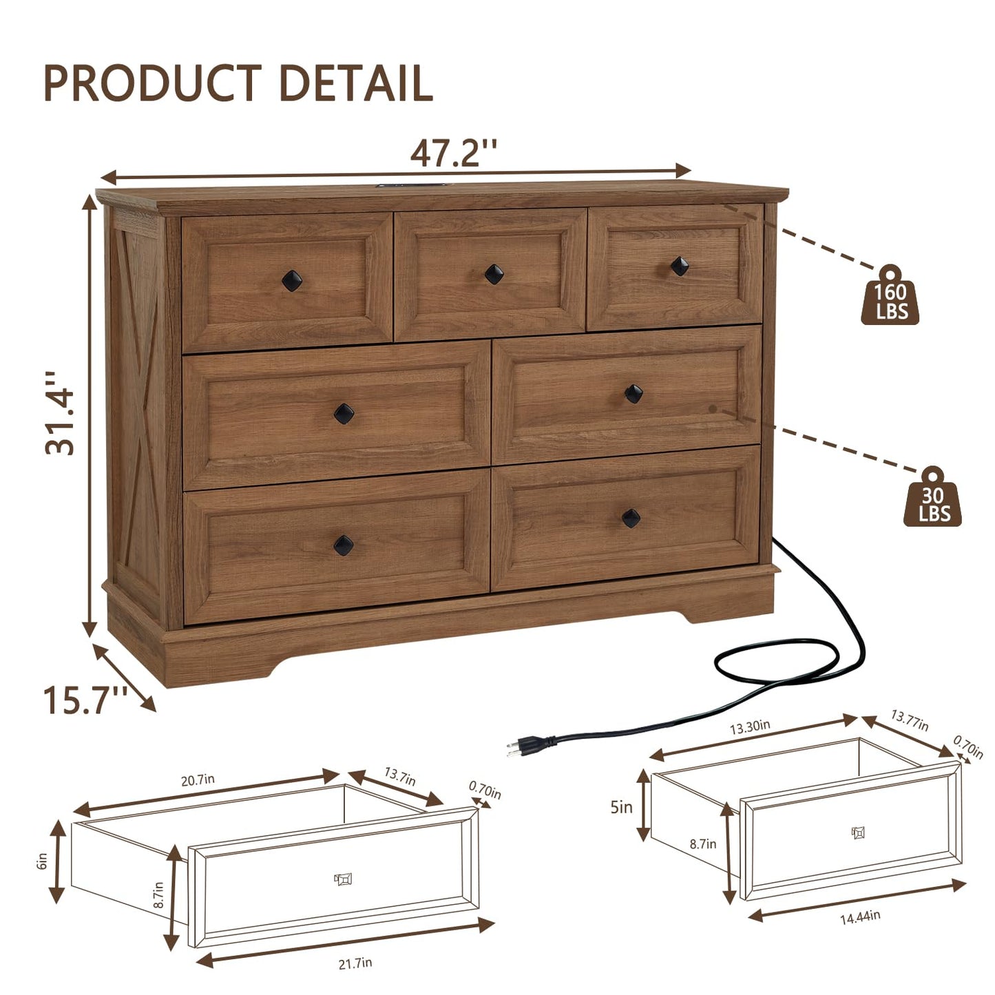 LDTTCUK Dresser for Bedroom with 7 Deep Drawers, Modern Dresser with Charging Station 7 Chest of Drawers, Wood Storage Organizer Dresser, Nursery Dresser for Living Room, Hallway, Natural Oak