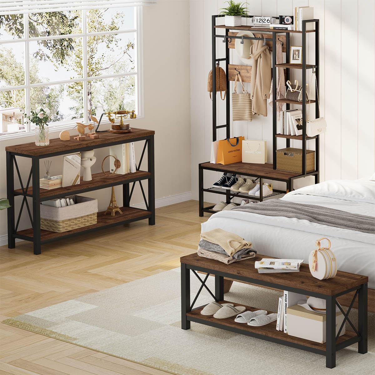 BON AUGURE 2 Tier Shoe Bench with Storage, Wood Metal Entryway Bench, Industrial Shoe Rack Bench for Entrance, Hallway, Mudroom, Bedroom, Indoor (Rustic Oak) BON AUGURE