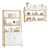 HITHOS Tall Bookshelf, Industrial Console Table with Drawers and Ladder Shelves, Free Standing Storage Cabinet Kitchen Bakers Rack with Microwave Oven Stand for Home Office, White Gold HITHOS