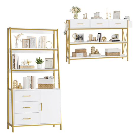 HITHOS Tall Bookshelf, Industrial Console Table with Drawers and Ladder Shelves, Free Standing Storage Cabinet Kitchen Bakers Rack with Microwave Oven Stand for Home Office, White Gold HITHOS