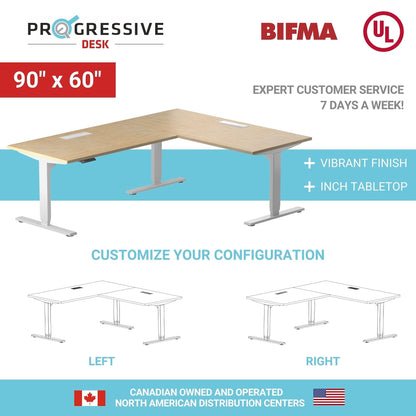 Progressive Desk L Shaped Height Adjustable Standing Desk 90" x 60" - Corner Computer Desk - Electric Stand Up Rising Workstation - Gray Frame/Pure