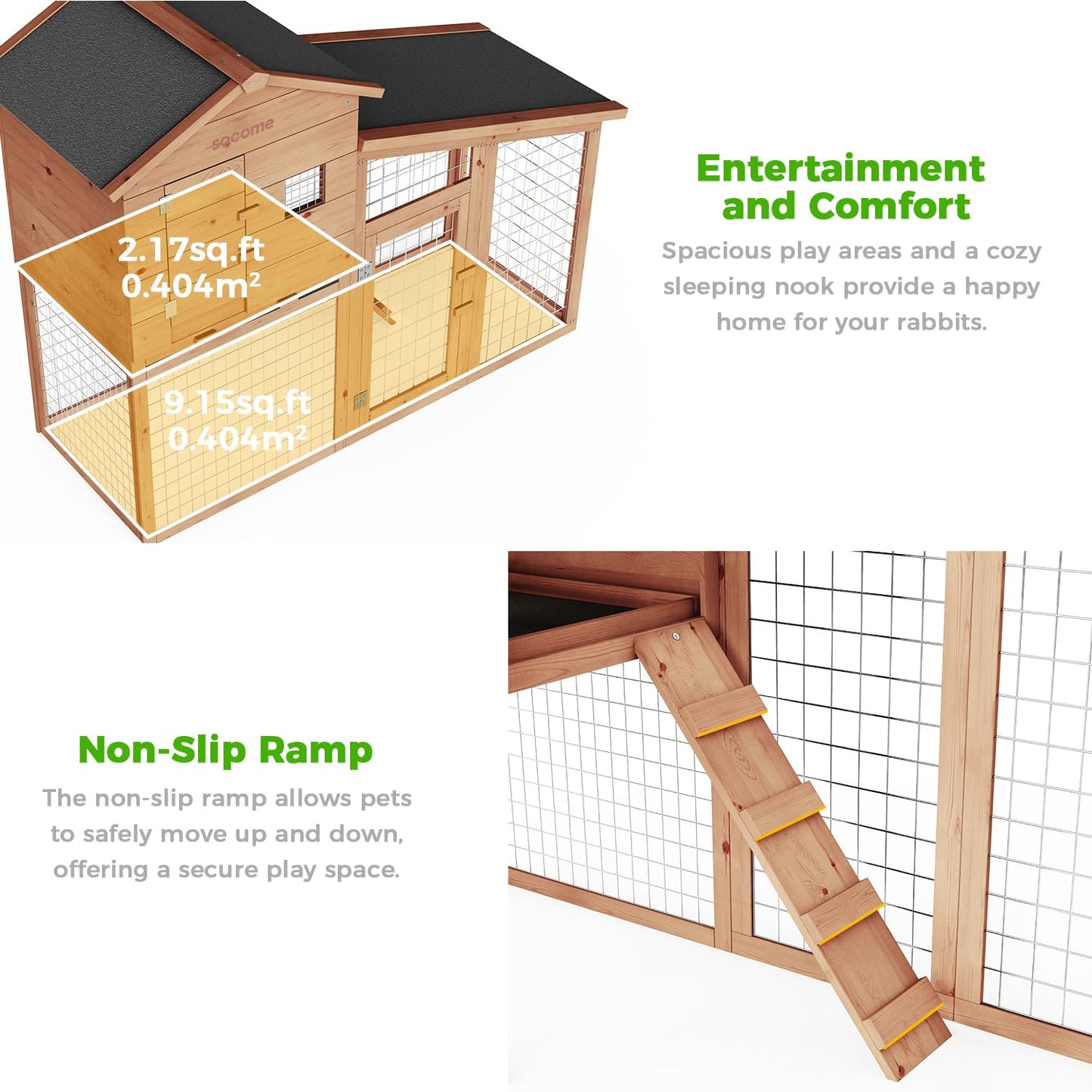 SOCOME 65" Solid Wood Rabbit Cage, Outdoor Rabbit Hutch with Run Area, Ventilation Fencing, Openable Roof, Lockable Doors and Ramp, Waterproof Animal House for Cats, Guinea Pigs, Ducks, Cherry