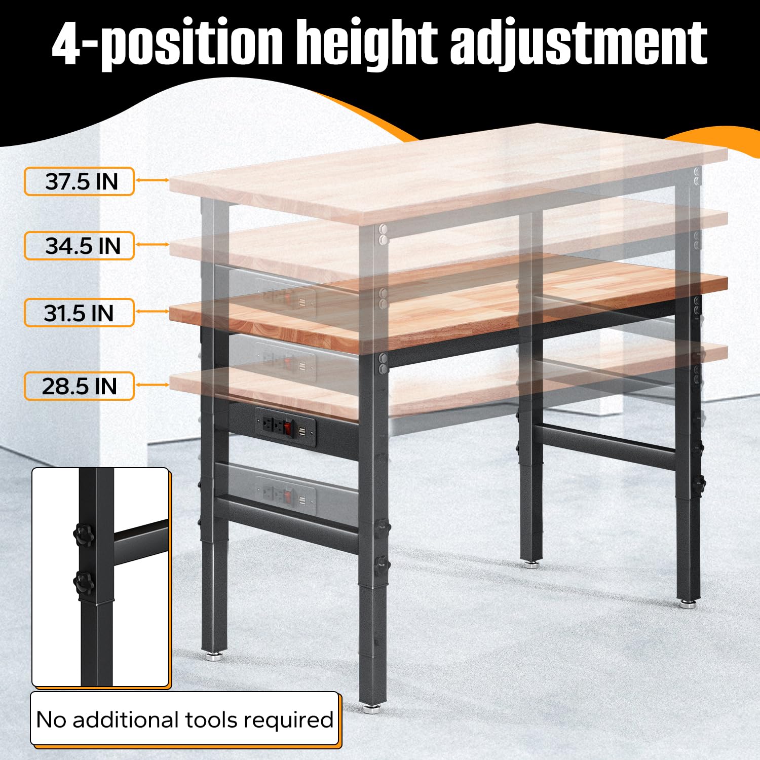 48" Adjustable Work Bench with Power Outlet & Soild Oak Hardwood Top - Heavy-Duty Worktable for Garage, Workshop, Office, Home - 2000 lbs Capacity - WoodArtSupply