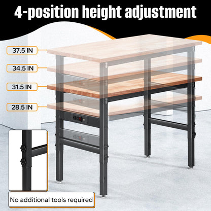 48" Adjustable Work Bench with Power Outlet & Soild Oak Hardwood Top - Heavy-Duty Worktable for Garage, Workshop, Office, Home - 2000 lbs Capacity - WoodArtSupply