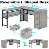 LVB Reversible Gray L Shaped Corner Desk, Farmhouse Wood Computer Desk with File Drawers Cabinets, Large Work Study Executive Home Office Desk with Storage Shelves for Bedroom, Light Grey Oak, 59 Inch LVB