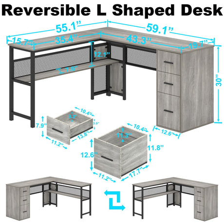 LVB Reversible Gray L Shaped Corner Desk, Farmhouse Wood Computer Desk with File Drawers Cabinets, Large Work Study Executive Home Office Desk with Storage Shelves for Bedroom, Light Grey Oak, 59 Inch LVB