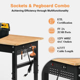 Betterhood 70" Adjustable Workbench on Wheels, 2000 LBS Heavy Duty Work Table with Power Outlets & Pegboard, Rubber Wood Workstation for Garage, Workshop, Office, Home, Commercial Betterhood