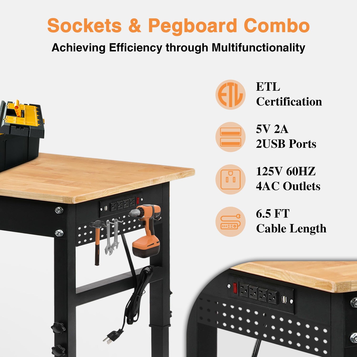 Betterhood 70" Adjustable Height Workbench, 2000 LBS Heavy Duty Work Table with Power Outlets & Pegboard, Rubber Wood Workstation for Garage, Workshop, Office, Home, Commercial Betterhood